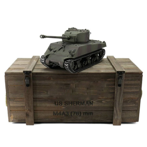 Taigen M4A3 Sherman (76mm), version camouflage, edition métal 1:16 avec unité de recul de canon, flash xenon, systeme IR, platine V3 et caisse de transport en bois 